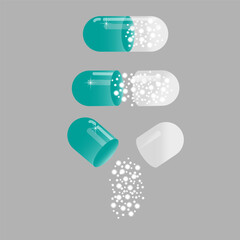Set of green capsules with powder. Open, closed capsule with medicine. Health pill. Vector illustration. EPS 10.