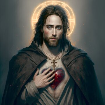 as jesus sacred heart in a grey cloak emotional coat white background full picture epic 