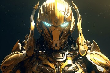 A futuristic cyborg warrior named Horus donning a spacesuit and gold armoring symbolizes extraterrestrial futurism. Generative AI