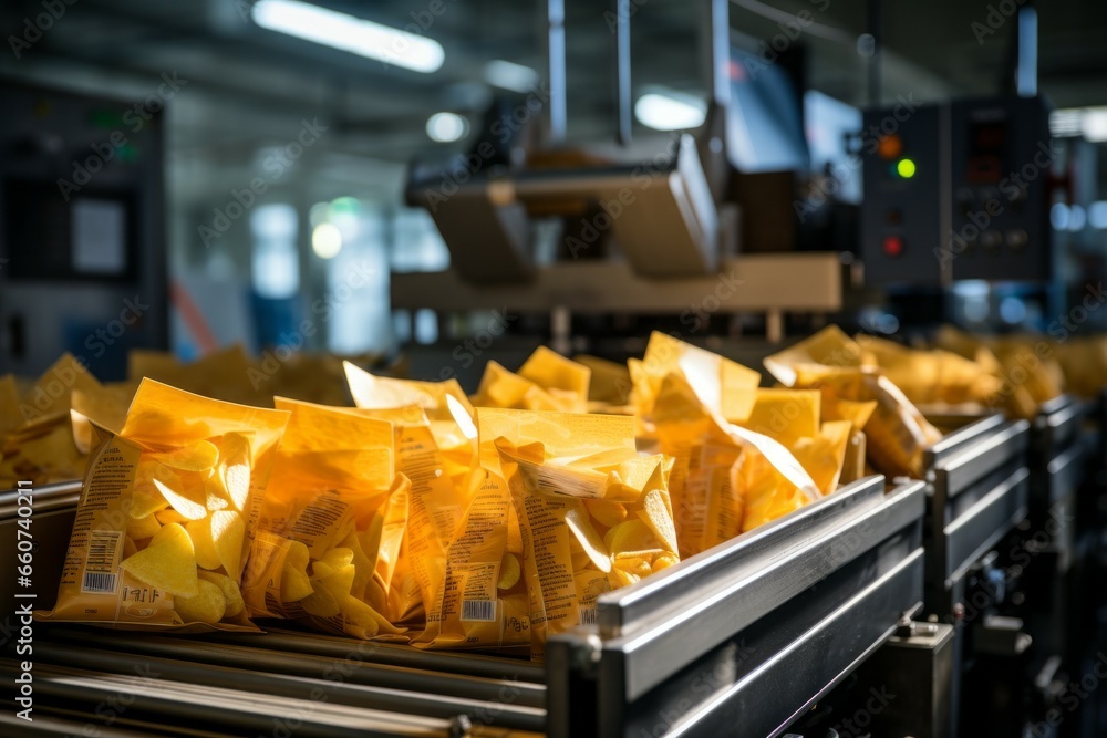 Poster chips factory. production conveyor line. background with selective focus and copy space