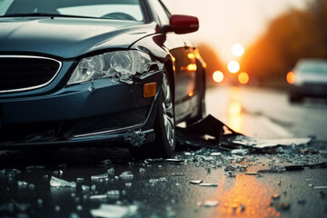 Broken car in an accident. Crash on the road. Background with selective focus and copy space - obrazy, fototapety, plakaty