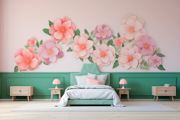 Flowers theme. Creative and bright eco design of a children's room. Bright fantasy wallpaper on the wall of children's room