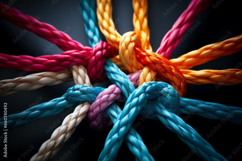 Poster different ropes are woven into a knot. teamwork concept. background with selective focus and copy sp