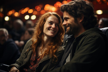 a couple in love in the cinema auditorium looking at each other.before a film show