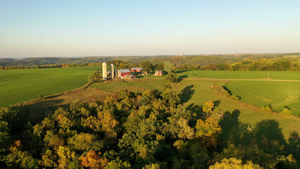 Aerial view of the Midwest USA in autumn. Rural landscape, countryside. 