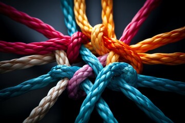 Different ropes are woven into a knot. Teamwork concept. Background with selective focus and copy space - Powered by Adobe