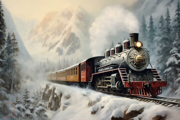 A steam train travels through a scenic winter landscape. Generative AI