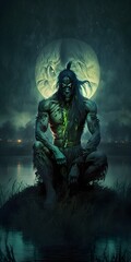 muscular brutal swamp demon is sitting in a swamp with a sad face long green hair a long beautiful tail with golden scales moon fireflies moonlight path fog mist swamp silent bioluminescence 