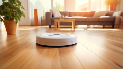Smart home, white robot vacuum cleaner in modern interior.