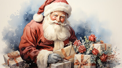 Vintage watercolor of Santa Claus with presents and roses.. Retro 1950s painting Santa with gifts around him. 