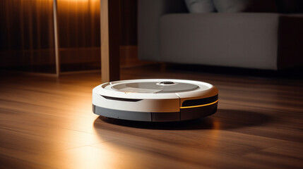 Smart home, white robot vacuum cleaner in modern interior.