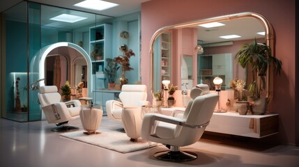 Hairdressing salon for women with two hairdressing chairs with illuminated mirrors.