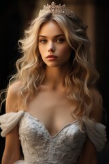Fototapeta premium Portrait of a bride with blue eyes with long blonde wavy hair and a delicate tiara on her head.