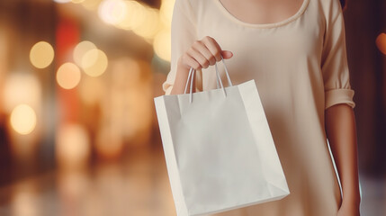 woman hold shopping bag with blur shopping mall background