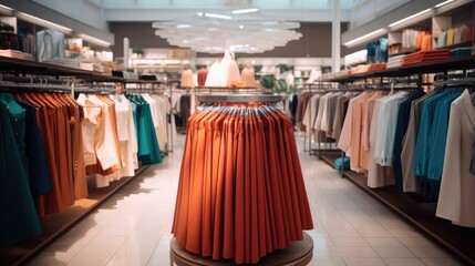 Clothing store, Shelves of clothes in department store. - obrazy, fototapety, plakaty
