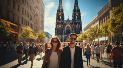 Couple tourists admiring the architecture and history of a centuries-old cathedral in a European city.