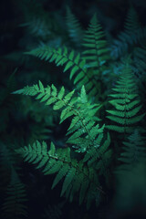 Fototapeta na wymiar Native fern branches in a dark natural forest, with beautiful green leaves and silver cool cinematic lighting. Dark rainforest, subtropical, close up nature photography of plants and trees