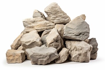 Stacked limestone rocks on white background, clipped for construction site. Generative AI - obrazy, fototapety, plakaty