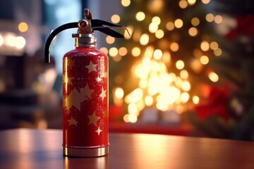 Security concept: Fire extinguisher on table with Christmas tree in background. Generative AI - obrazy, fototapety, plakaty