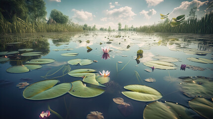A serene lake into a mesmerizing scene with levitating lily pads and reflective butterflies - Powered by Adobe