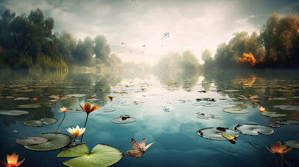 A serene lake into a mesmerizing scene with levitating lily pads and reflective butterflies