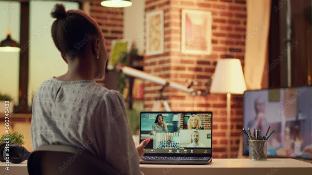 Poster freelancer on videocall with contractors using webcam to discuss remotely about new project tasks an