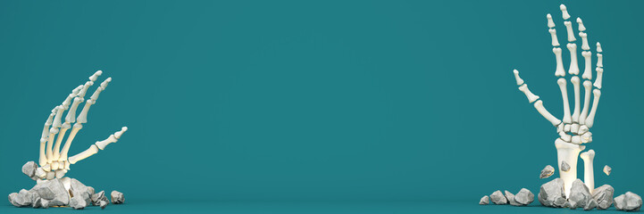 Happy Halloween banner or party invitation. orange theme product display podium on background with group of bat and Jack O Lantern pumpkin and hand skeleton with skull. 3d rendering ultra wide screen