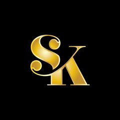 this image is an initial logo of letter SK in upper case in classic serif font and in gold color that looks premium and elegant on a black background