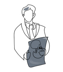 One line drawing of doctor looking at x-ray.
One continuous line drawing of doctor in a white coat.
