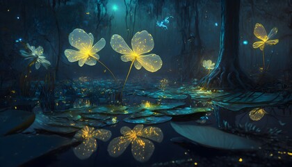 very detailed transparent translucent ghostly jelly fish colorful butterfly dragonfly fusion bioluminescent sundew flowers transparent physalis swimming in the swamp cinematic lightingthe poetry of 