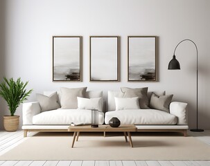 Interior of living room with white sofa, coffee table and two vertical posters. 3d render