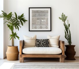 Interior of modern living room with sofa and plant, 3d render