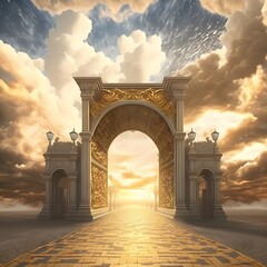 gilded cobblestone path leading to a towering ornate gateway mammatus clouds volumetric lighting highly detailed golden hour  - obrazy, fototapety, plakaty