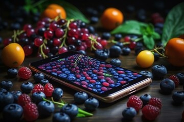 Fresh blueberry fruit on a background of vegetables, photographed vertically using a mobile phone. Generative AI - obrazy, fototapety, plakaty
