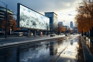 Immense panneau d'affichage géant horizontale, dans une belle ville en extérieur, publicité du futur, mockup pour bannière et format 16:9