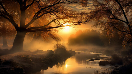 Foggy sunrise over the river