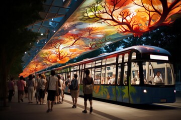 Arrêt de metro et de bus dans une ville futuriste de nuit avec des affichages urbain pour mockup, grande ville avec building