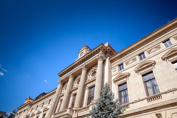 Fototapeta na wymiar Selective blur on the Main facade of the National Bank of Romania (BNR, Banca Nationala A Romaniei), the central bank of the country and the head of financial institutions.
