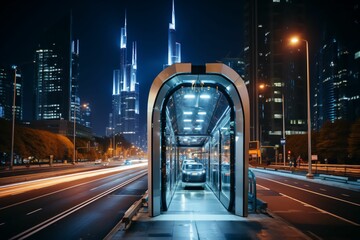Arrêt de metro et de bus dans une ville futuriste de nuit avec des affichages urbain pour mockup, grande ville avec building - obrazy, fototapety, plakaty