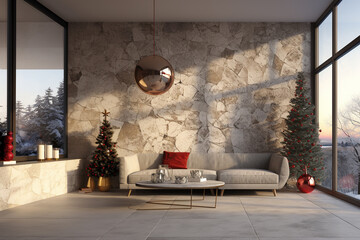 Interior view modern living room, with high ceiling and stone tile wall and minimal furniture decorated with Christmas ornaments and outdoor forest in winter season.