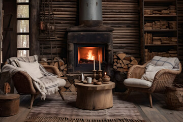 A rustic boho-inspired summer cottage with distressed wooden furniture, vintage decor, woven rugs, and a cozy fireplace. The design exudes a sense of comfort and invites relaxation in a summer. - obrazy, fototapety, plakaty