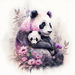 Watercolor Washed out watercolor panda mother with panda baby dreamy insanely detailed intricate 8k uhd volumetric lighting high quality sharp focus high resolution masterpiece watercolor rose lilac 