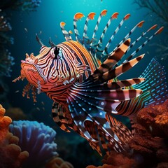 Naklejka na ściany i meble Striking lionfish in a colorful coral reef
