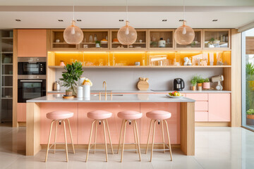 A Spacious and Serene Modern Kitchen of Dreams: A Glimpse into the Inviting, Minimalistic, and Functionality-focused Interior Design with Peach Colors, Chic Cabinetry, and Sleek Flooring.