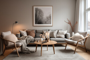 A Serene and Cozy Scandinavian Living Room Interior with Stylish Minimalist Design, Warm Earthy Tones, and Inviting Nordic Accents.