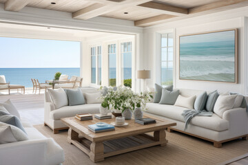 Fototapeta premium An Airy and Inviting Living Room with Breathtaking Ocean Views: A Serene Coastal Retreat Exudes Coastal Elegance and Coastal Ambiance with Coastal-Inspired Furniture, Cozy Coastal Accessories