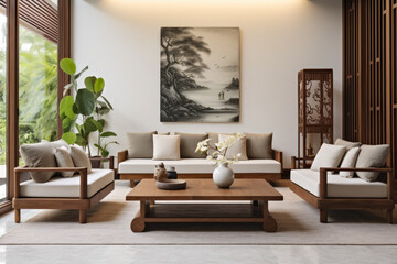 An Asian-inspired living room interior embraces tranquility and Zen vibes through harmonious decor, natural elements, and cultural fusion, featuring elegant bamboo furniture, traditional art
