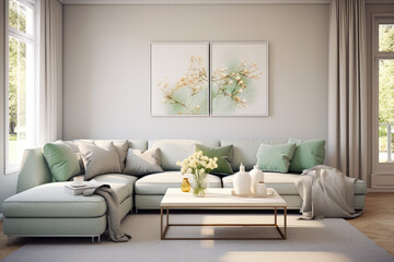 A Spacious and Tranquil Living Room Interior in Gray and Mint Green Colors, with Stylish Furnishings and Cozy Accents, Creating a Refreshing and Inviting Minimalist Ambiance