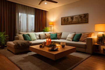 A Cozy and Serene Living Room Interior in Brown and Green Colors, Featuring Earthy Tones, Natural Elements, and Vibrant Accents, Creating a Harmonious Ambiance with Comfortable Furniture