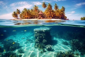 An image of a tropical island with coral reefs and fish, surrounded by an ocean. The beach has palm trees, creating a perfect vacation spot. There is also a beautiful underwater. Generative AI